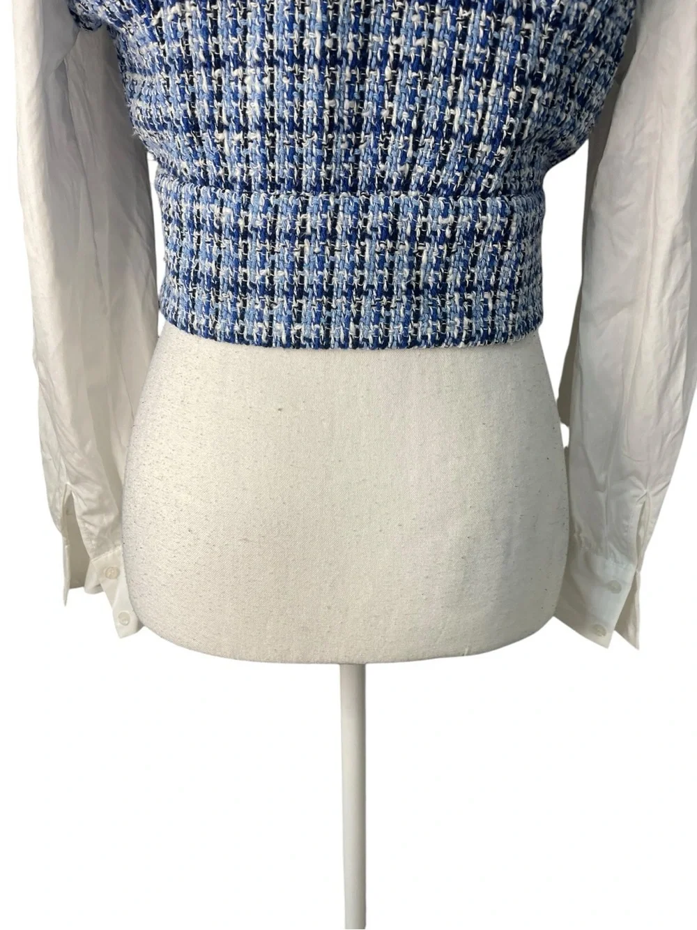 Zara Contrast Textured Tweed Cropped Blouse White Blue
